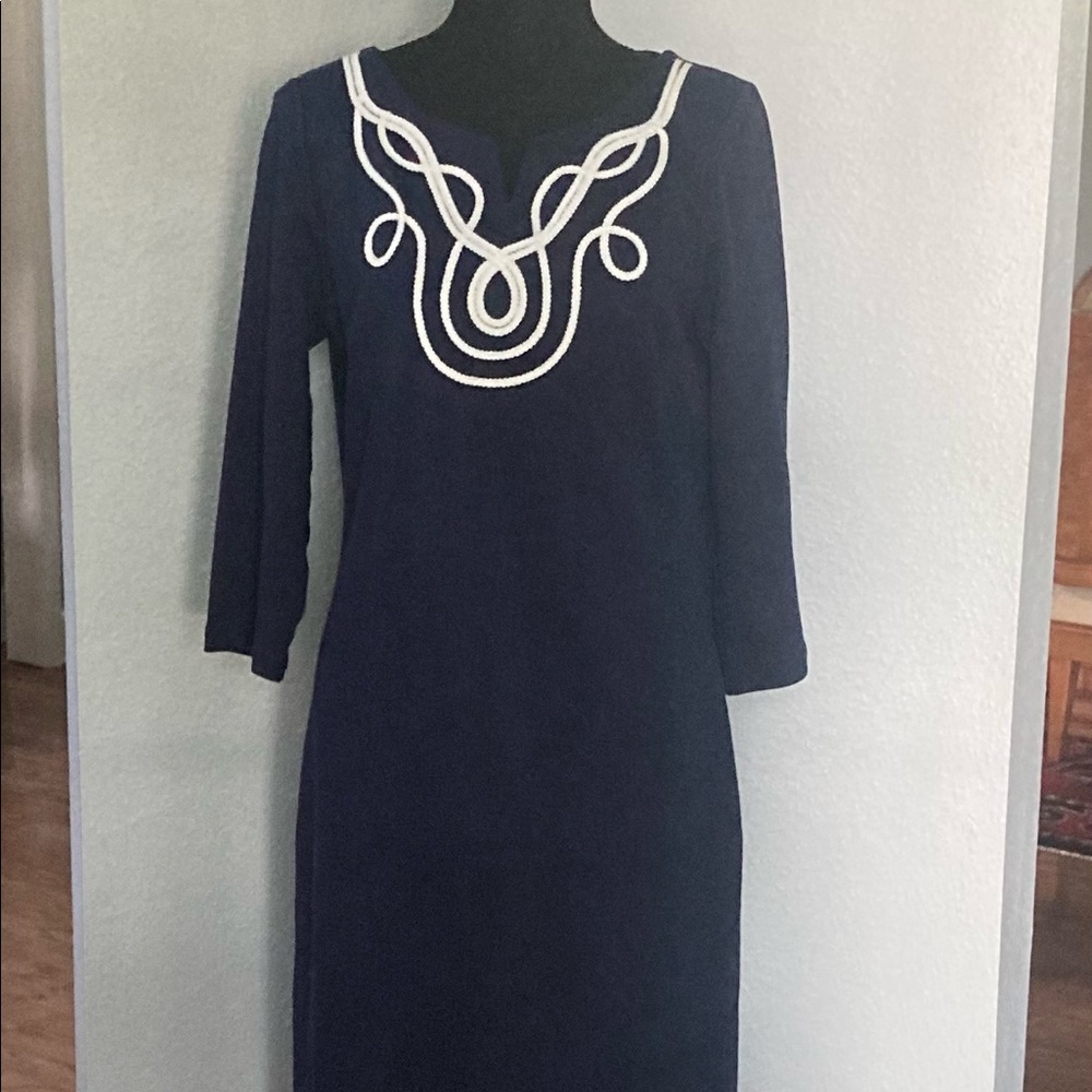 Talbots vintage blue with white embroidery details dress